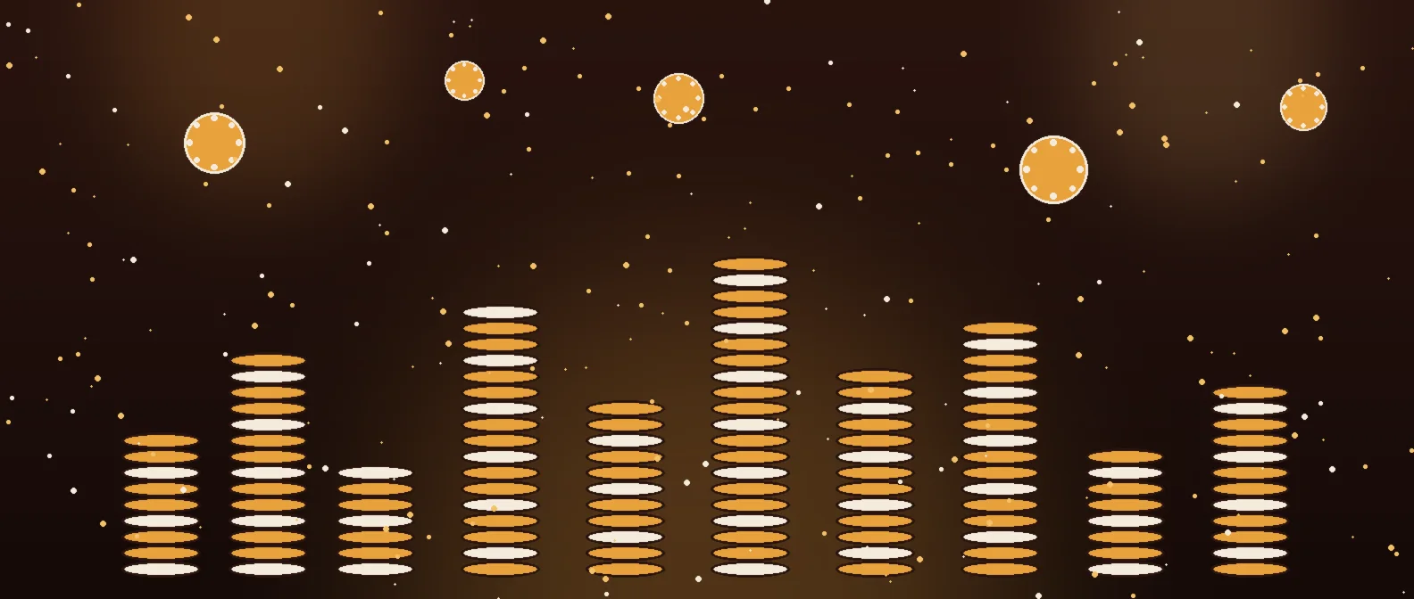 Saffron-gold city skyline of casino chips rising from a maroon night table, warm lantern glow